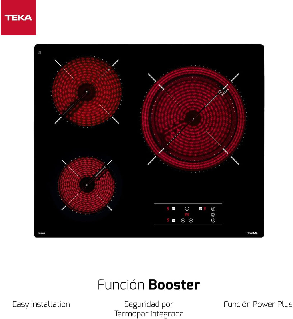 TEKA Placa Vitrocerámica 60 cm, 3 Fuegos, Touch Control, Función Stop & Go, Indicador de Calor Residual, Modelo TB 6315
