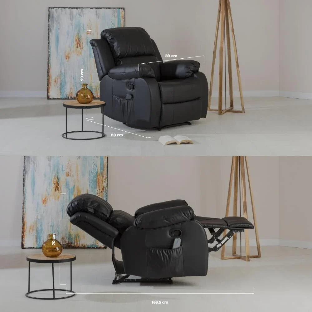 Don Descanso - Sillón Masaje Relax Calor Trevi Negro Reclinable 160º con 8 Motores Silenciosos, Calor Lumbar, Sist. Masaje 4 Zonas y Acabado en PU Anti-Cuarteo [Incluye Mando]. Ideal Gente Mayor
