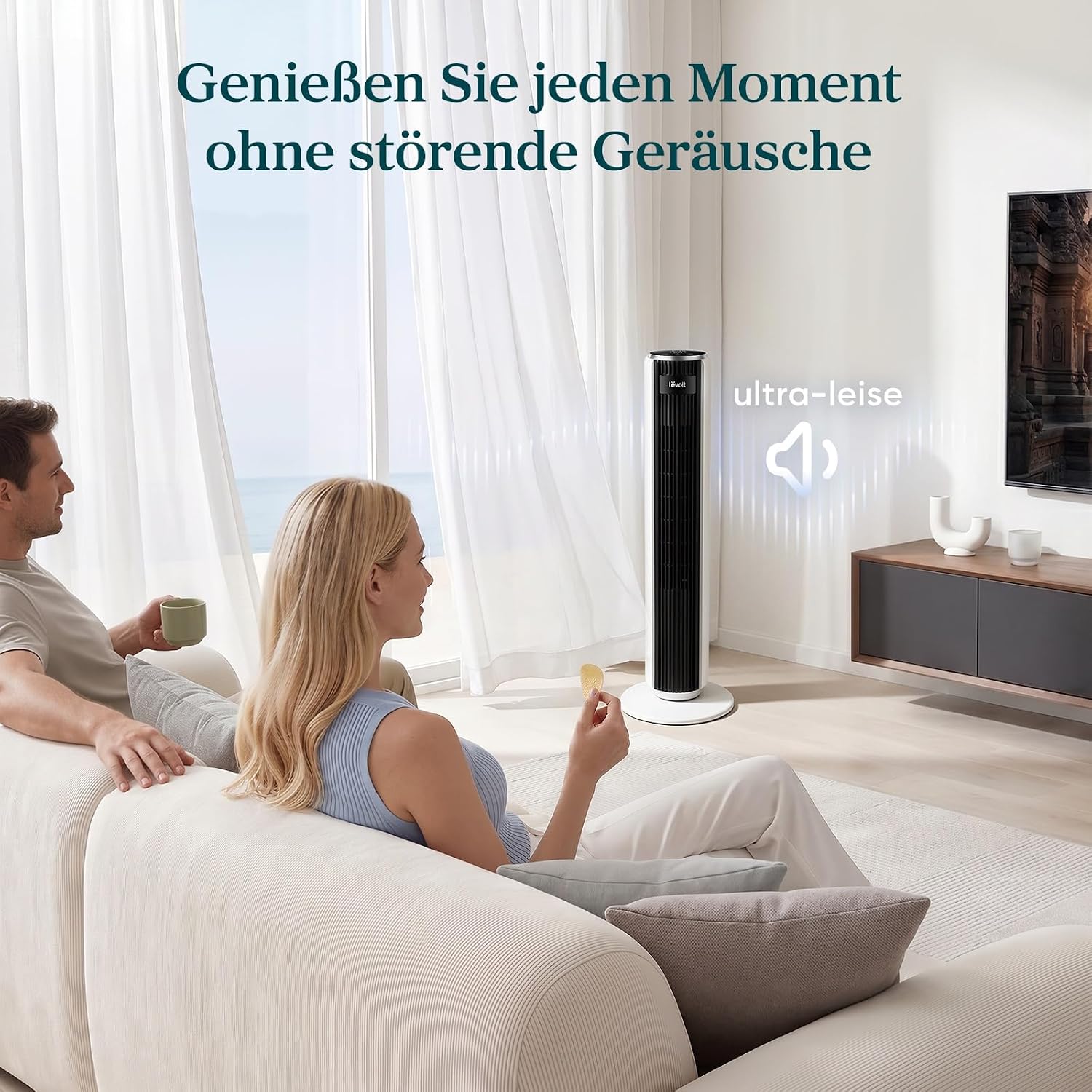 Levoit-Turmventilator mit Fortschrittlichem Schlafmodus-Ventilator leise 12Std Timer 4 Modi 5 Geschwindigkeiten-Automatikbetrieb mit Sensor-Oszillation Tower Fan mit Fernbedienung Weiß 92CM