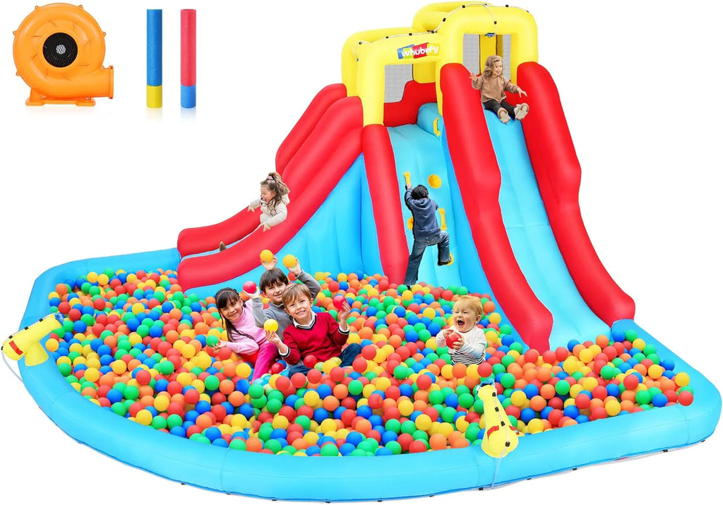 Tobogán acuático inflable 8-en-1 para niños: castillo inflable parque acuático con soplador de 450W, muro de escalada, piscina, 2 pistolas de agua, canasta de baloncesto, tobogán, rociador de cocodrilo – perfecto como regalo y para fiestas en el jard