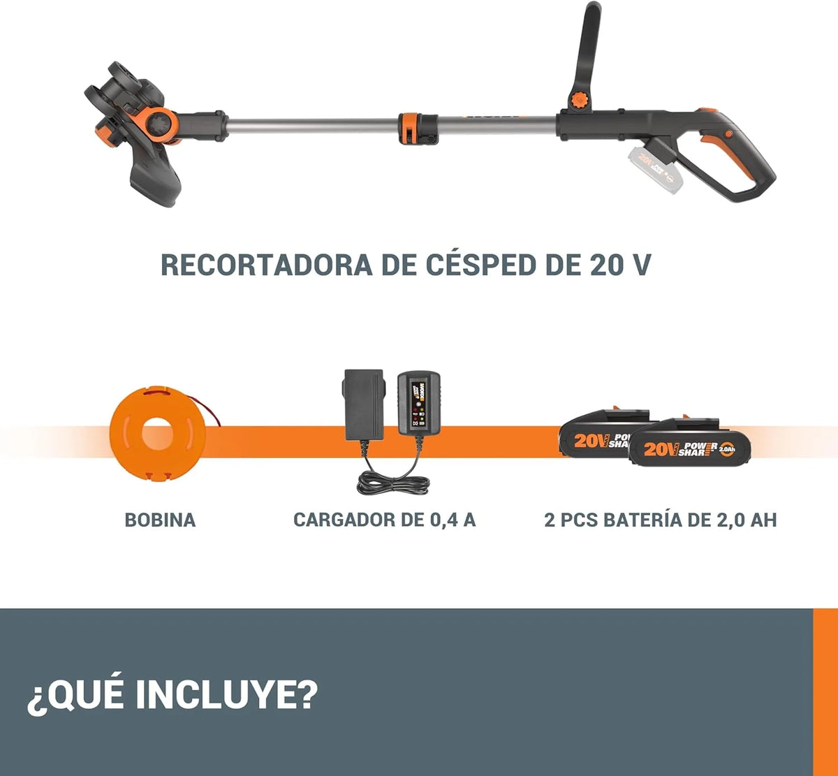 WORX Trimmer and profiler 20V Max | PowerShare | WG163E | Includes 2 2Ah batteries and charger | 30 cm