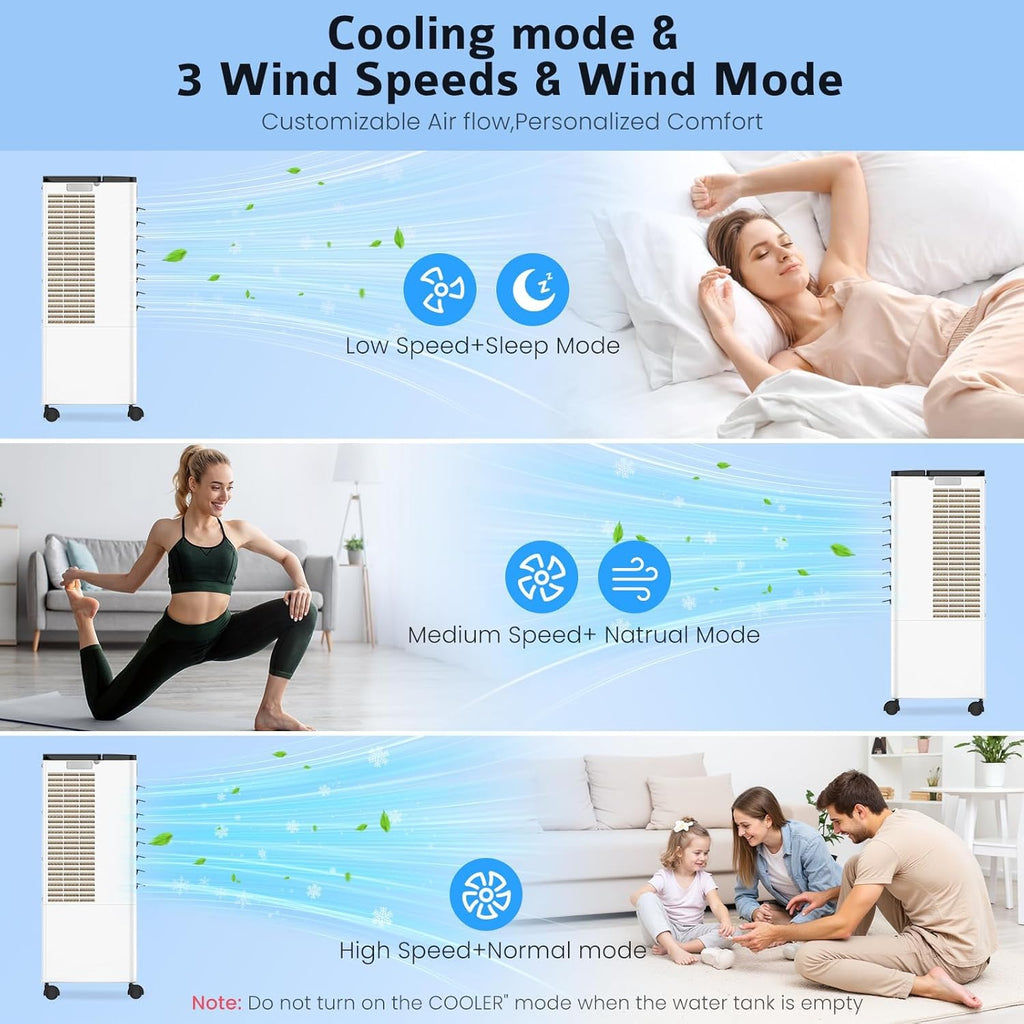 Aire Acondicionado Portátil sin Tubo, Enfriador de Aire Grande 4 en 1, 4 Modos 3 Velocidades, Climatizador Evaporativo 60W, Temporizadores de 1-12 H, con Control Remoto, 4 Ruedas para Hogar Oficina
