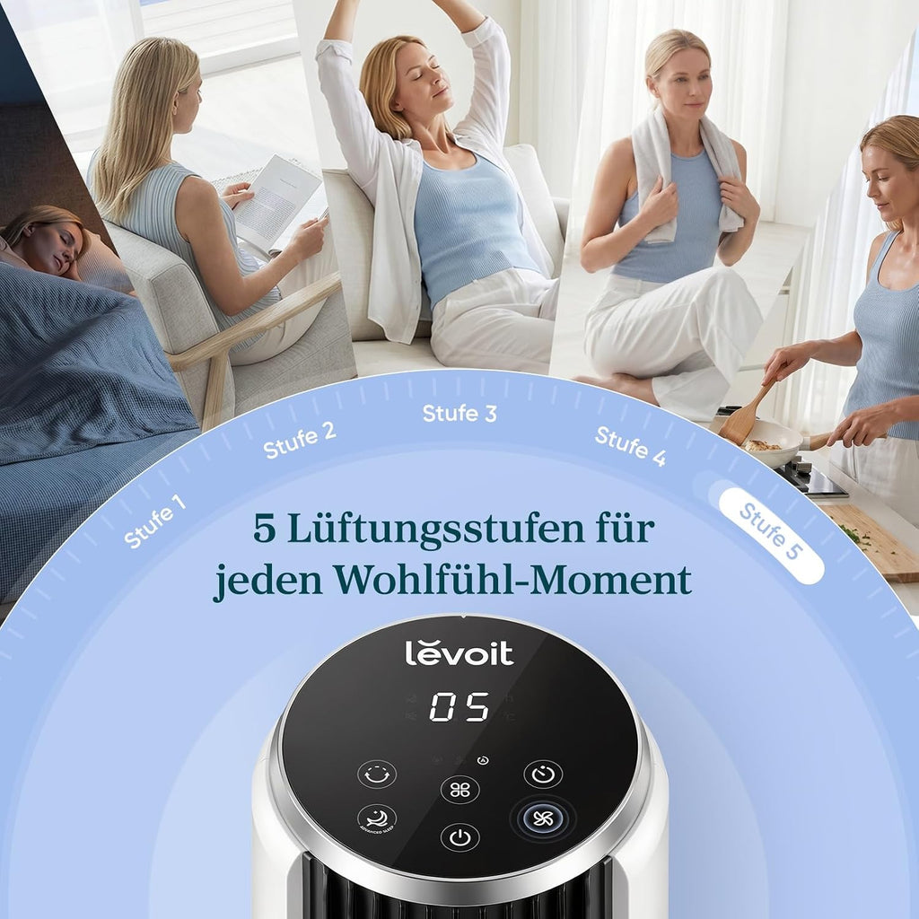 Levoit-Turmventilator mit Fortschrittlichem Schlafmodus-Ventilator leise 12Std Timer 4 Modi 5 Geschwindigkeiten-Automatikbetrieb mit Sensor-Oszillation Tower Fan mit Fernbedienung Weiß 92CM