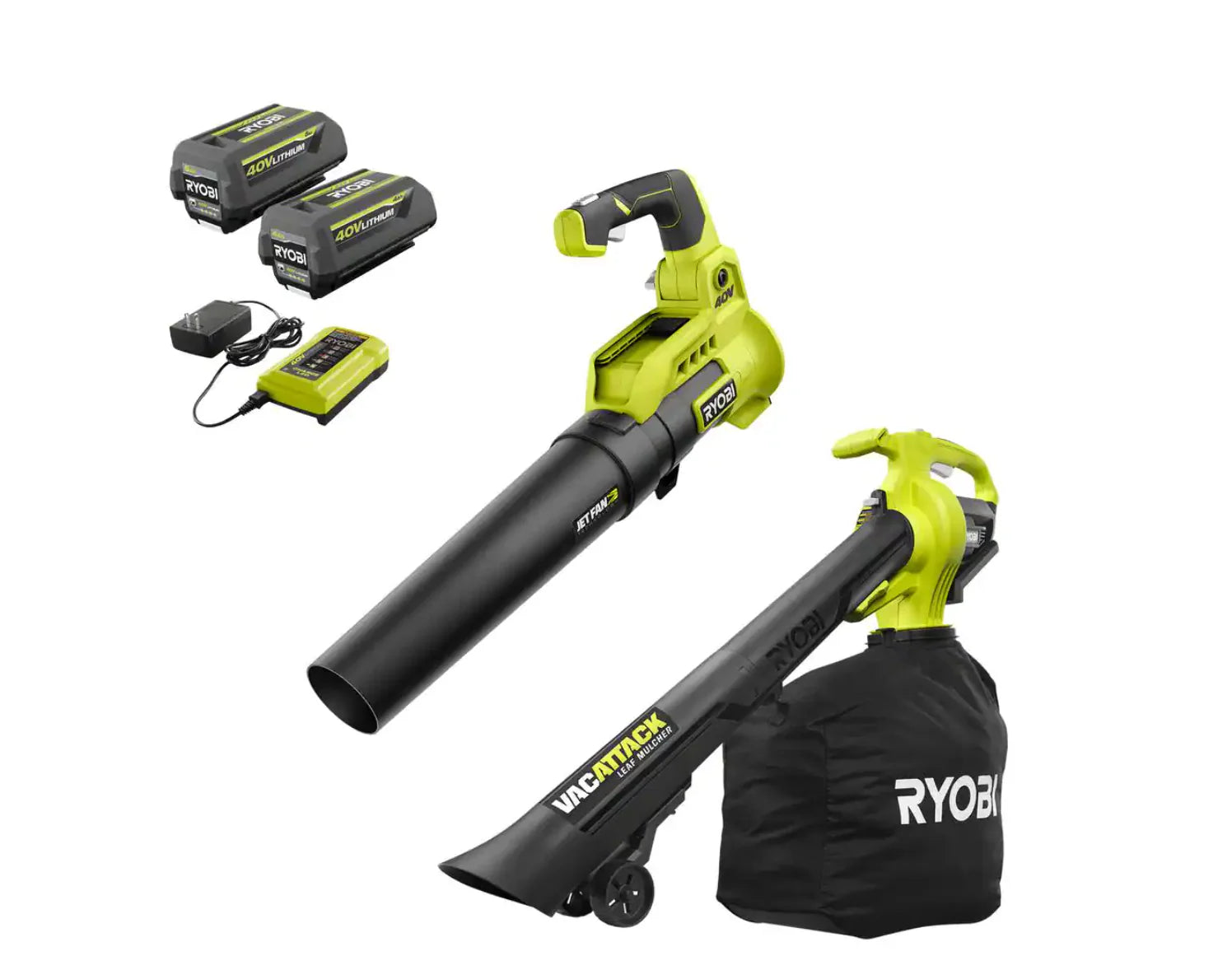 2025 RYOBI RY40451BL 40V 110 MPH 525 CFM Akku-Laubbläser und Staubsauger mit 2 Batterien und 2 Ladegeräten