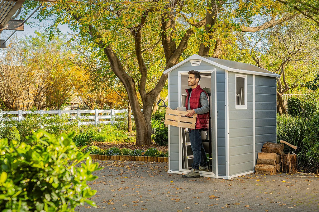 2026 Keter Manor 4X6 - Caseta de jardín, 130x192x198cm y 2,2m2, Suelo, Sistema de ventilación, Puerta y Ventana, Resistente al Agua, Color Gris