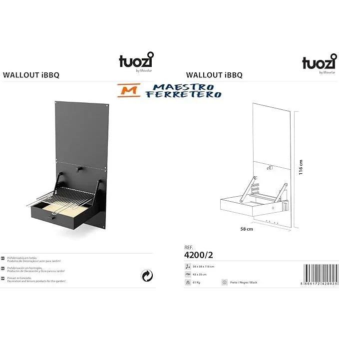 Tuozi - Barbacoa De Obra Para Leña Y Carbón Modelo Wall Ibbq Con Placa De Protección (negro - 58,5 X 57 X 114 Cm) Ref: 4200/2
