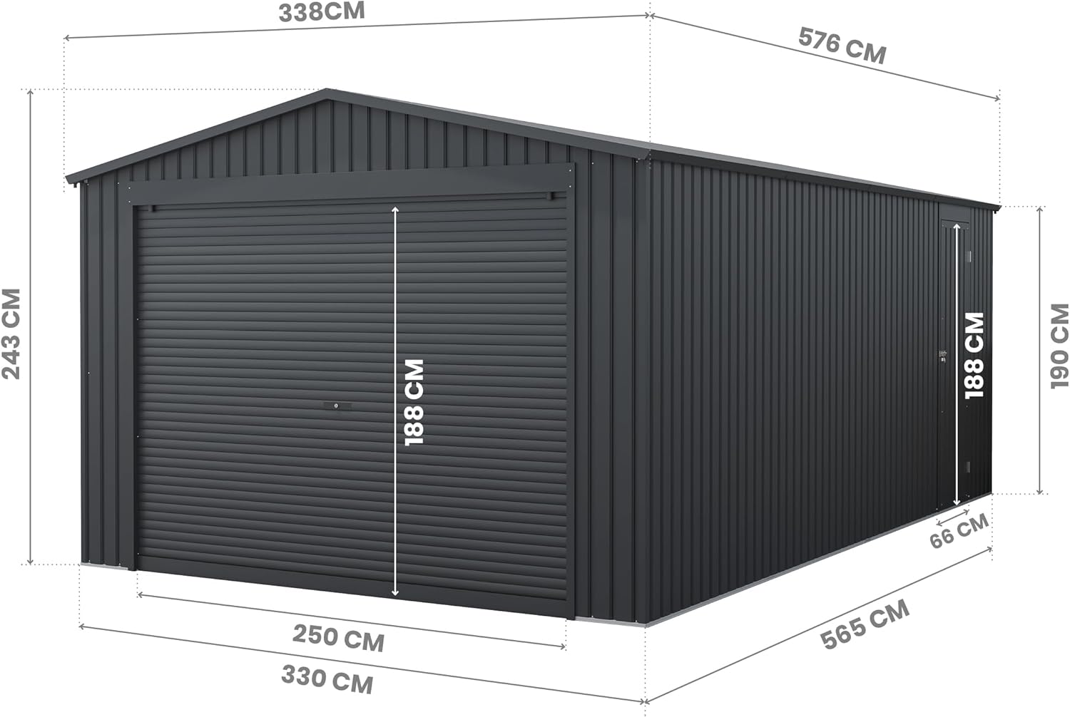 Wasabi - Metallgarage 19,52m² Jarama – Breites Rolltor – Wetterschutz für Autos – Sicherheitsschloss mit Schlüssel – Seitliche Fußgängertür – Carport Gartenhaus Lager – 576x338x243cm