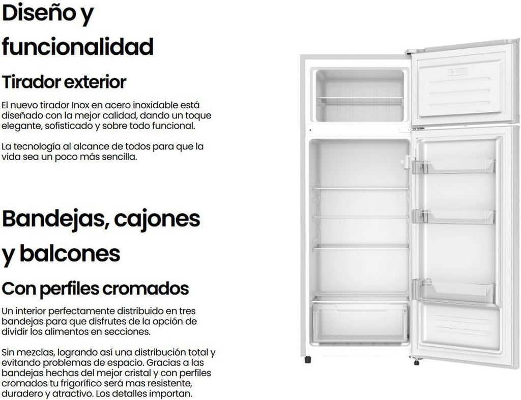INFINITON Frigorifico Dos Puertas FG-A145B, 200 Litros, 143 cm de Altura, Defrost, LED Interior, E, Diseño con Tirador Integrado, Ancho 55 cm, Regulación en Altura, Puerta Reversible, Blanco