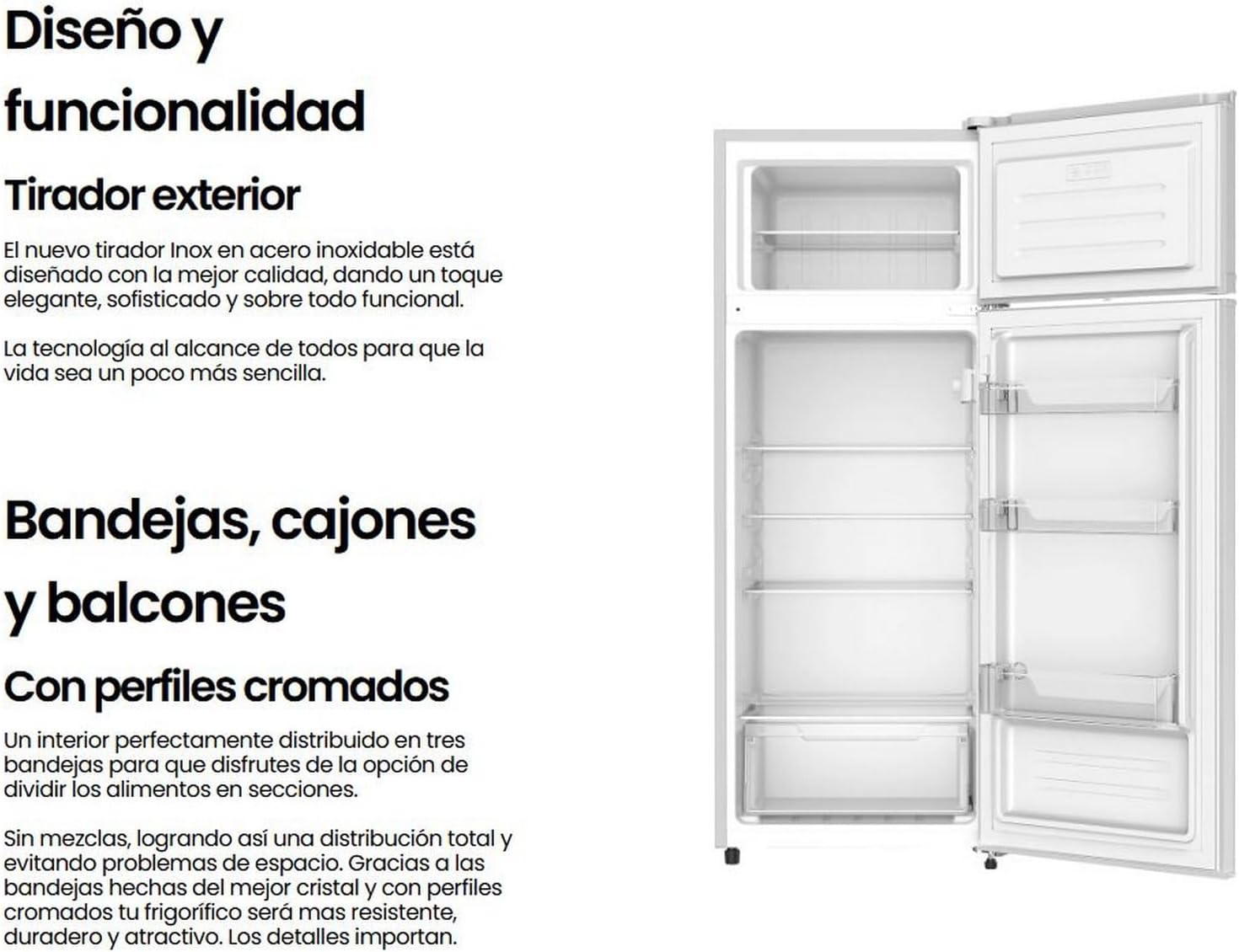 INFINITON Frigorifico Dos Puertas FG-A145B, 200 Litros, 143 cm de Altura, Defrost, LED Interior, E, Diseño con Tirador Integrado, Ancho 55 cm, Regulación en Altura, Puerta Reversible, Blanco