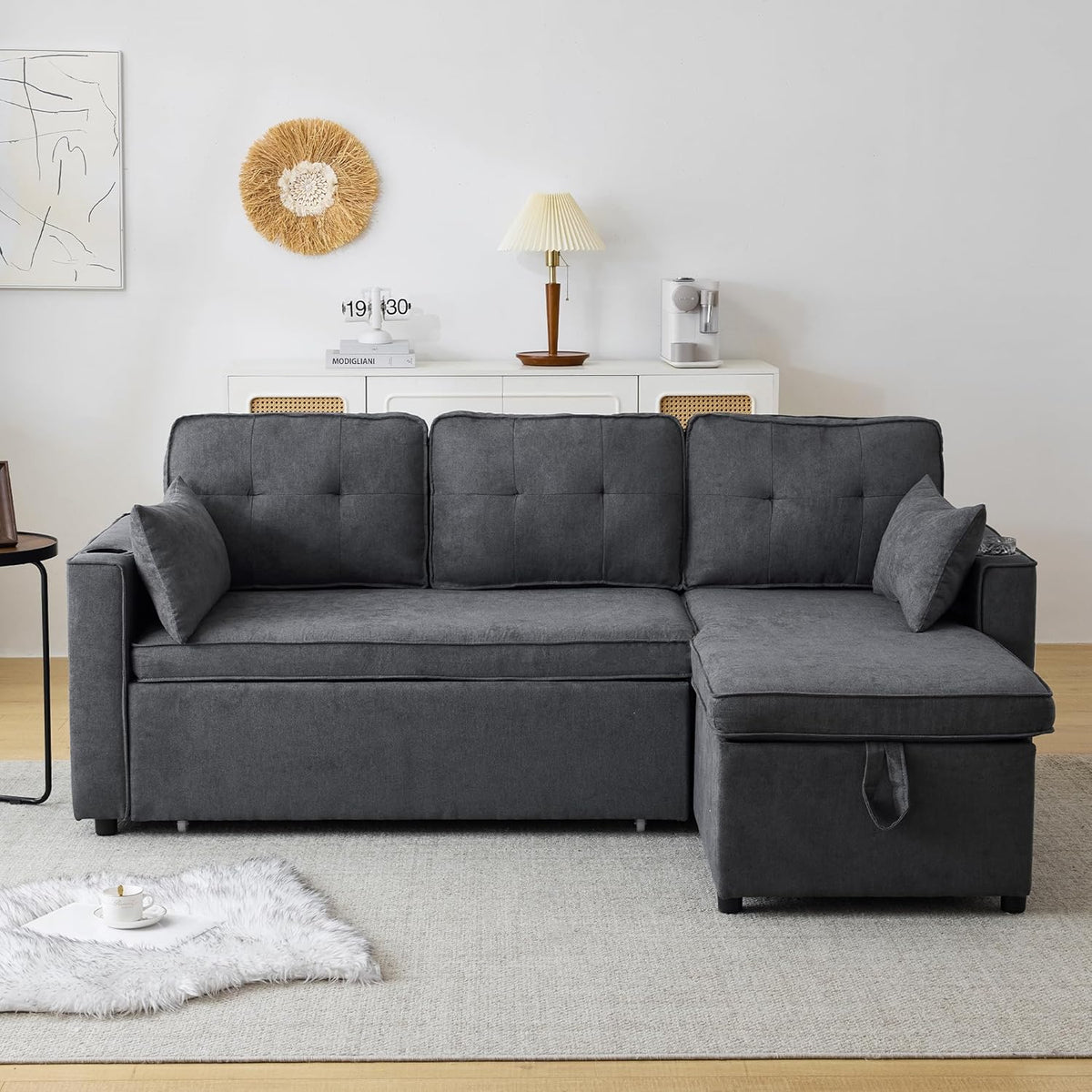 3-Sitzer Schlafsofa mit Getränkehaltern und seitlicher Armlehnentasche, L-förmiges Sofa, rechts und links umbaubar, Grau