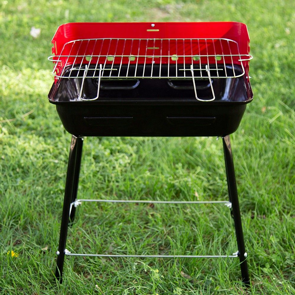Barbacoa Portátil Carbón Con Cortavientos Y Parrilla Regulable En Altura 42x42x54 Cm - Acero. Negro Y Rojo