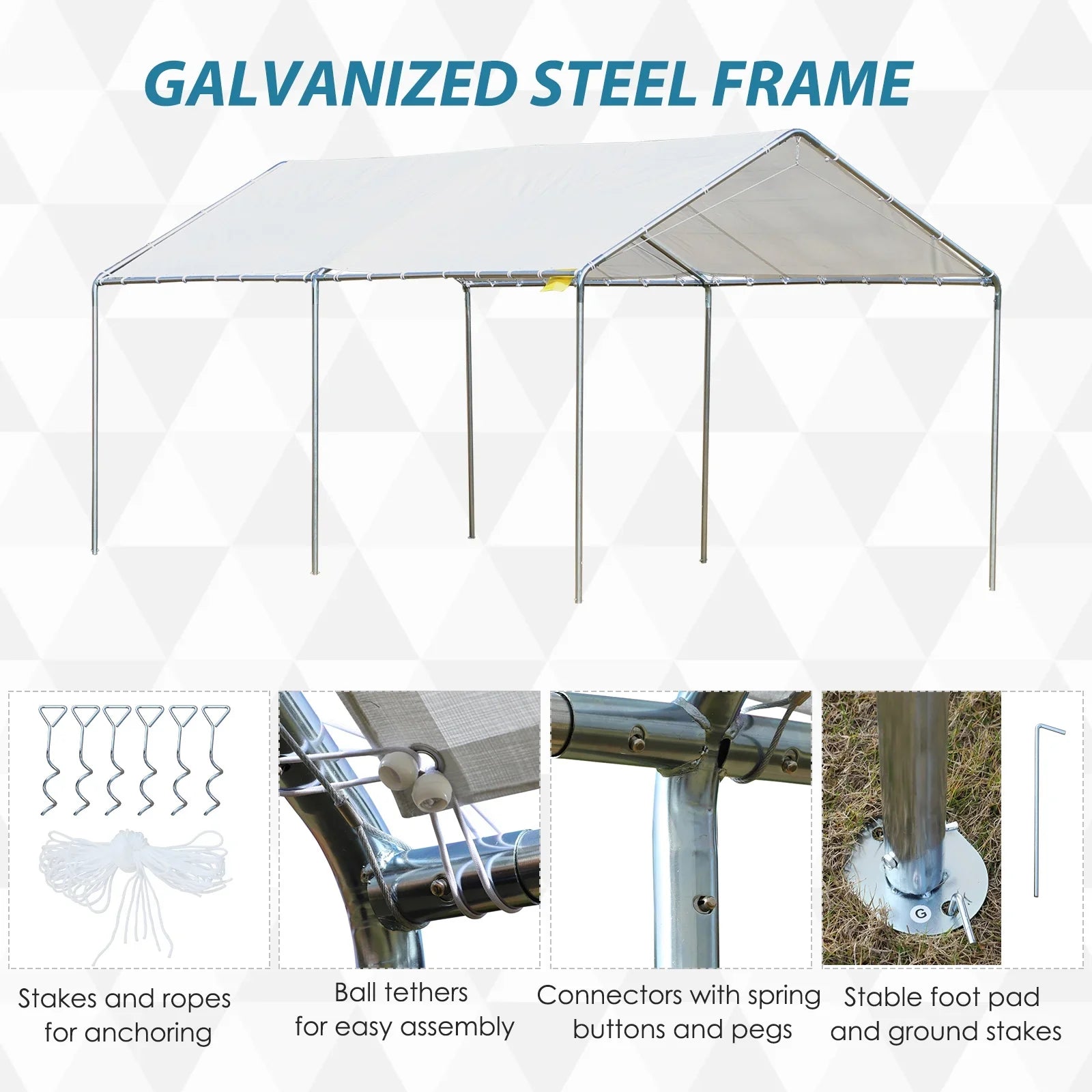 2025 Cochera de alto rendimiento Outsunny de 3 x 6 m en acero galvanizado con kit de fijación, 3 cables reforzados y lona blanca