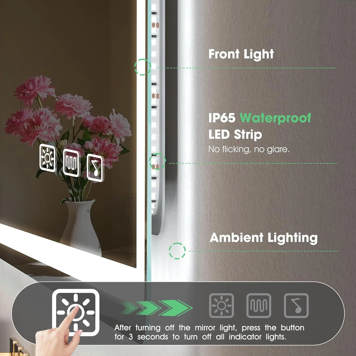 S'bagno Espejo-Baño-con-Luz 120x70cm, Espejo-Baño-LED-Bluetooth con Función Antivaho, 3000K/4000K/6500K, Regulable, Memoria, Cristal Templado HD, IP44-Espejos-de-Baño-con-LED, Horizontal/Vertical