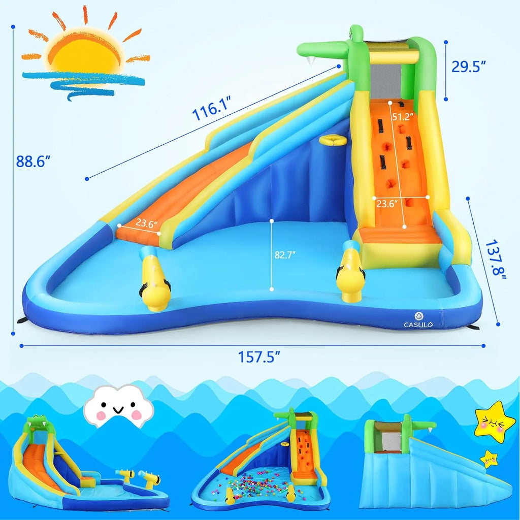 Tobogán acuático inflable 8-en-1 para niños: castillo inflable parque acuático con soplador de 450W, muro de escalada, piscina, 2 pistolas de agua, canasta de baloncesto, tobogán, rociador de cocodrilo – perfecto como regalo y para fiestas en el jard