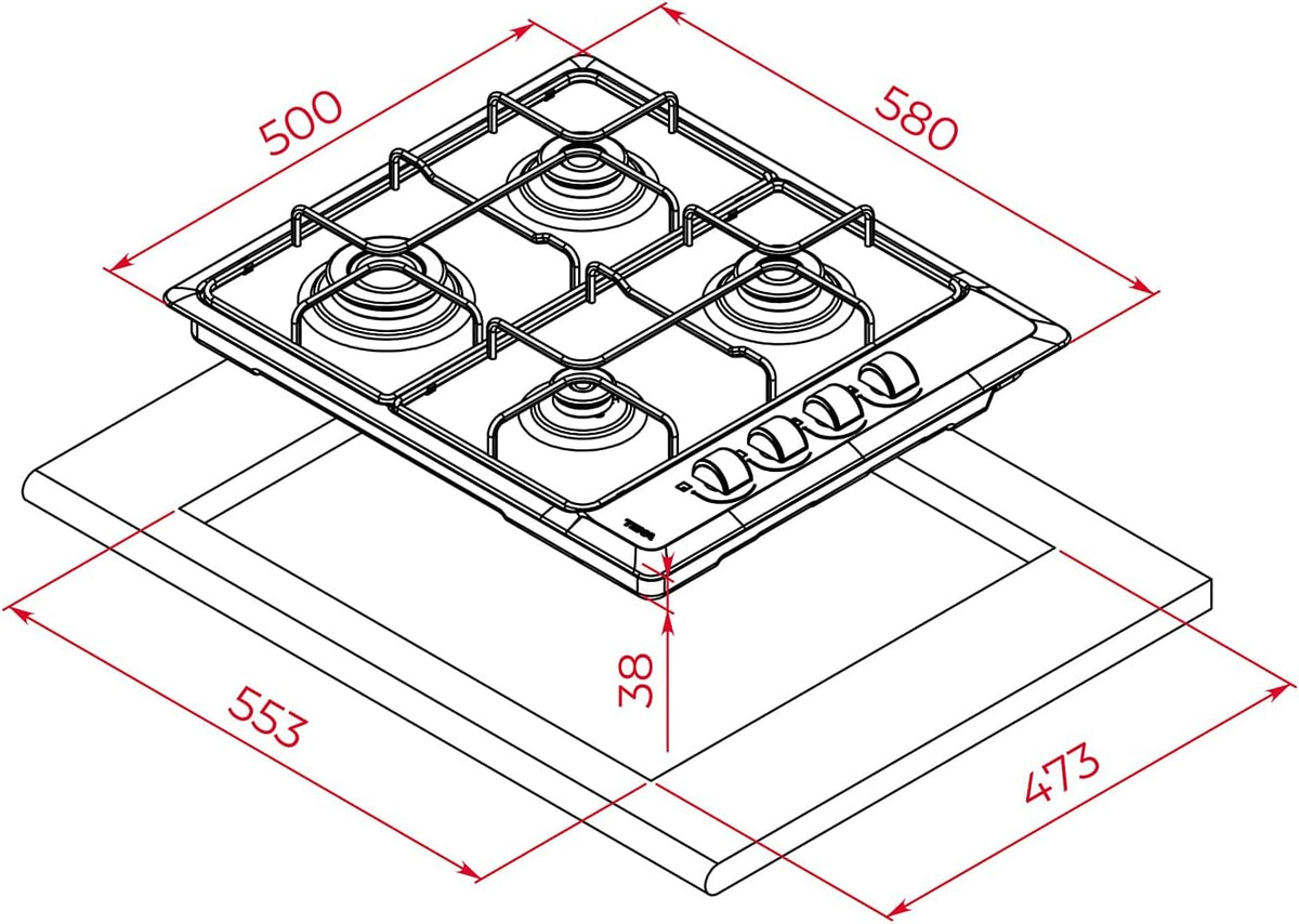 TEKA Placa de Gas Butano, 60 cm, 4 Fuegos, Mandos Ergonómicos, Seguridad Termopar, Parrillas Esmaltadas, HLX 640 KL