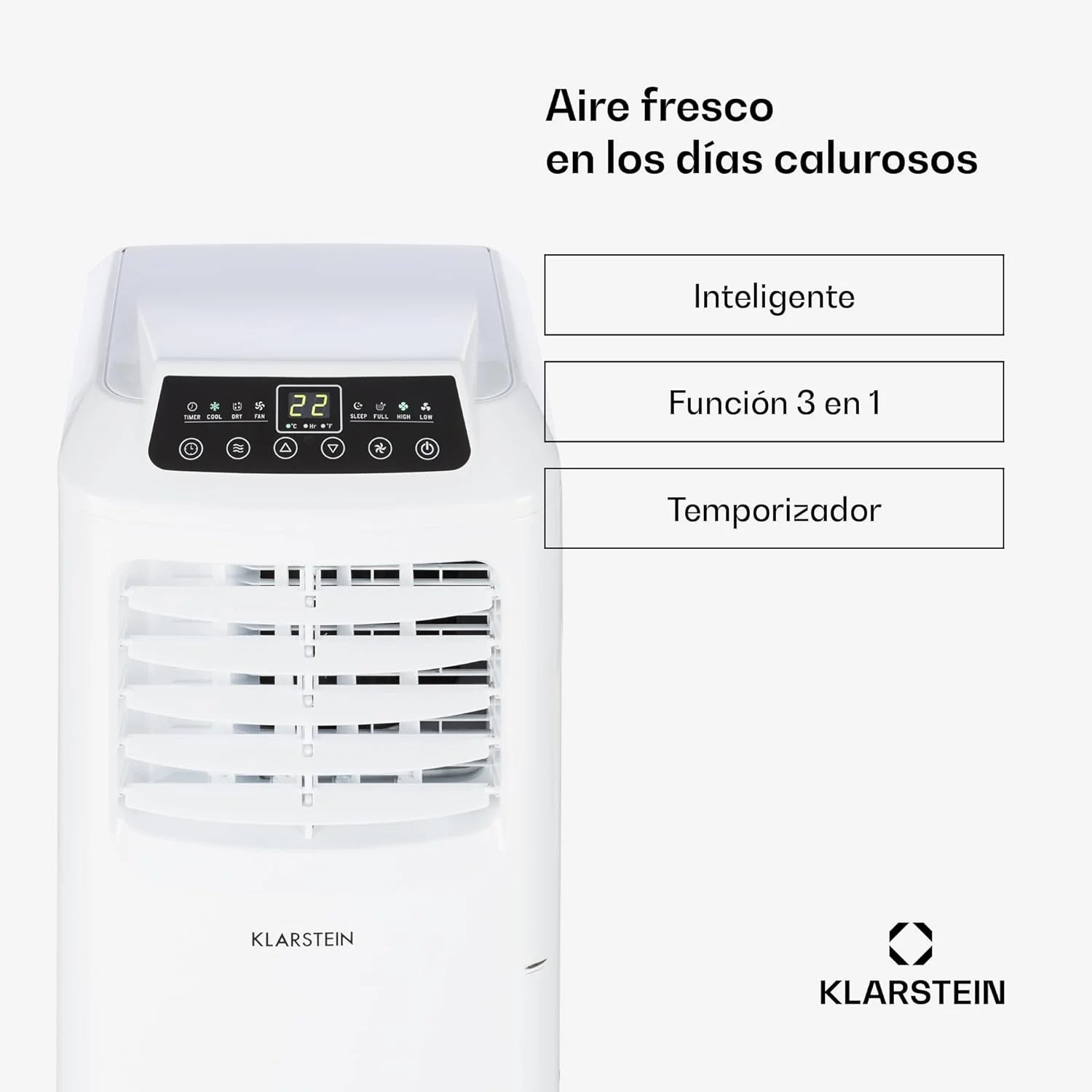 Klarstein Aire Acondicionado Portatil y Silencioso, 4 en 1 Enfriador de Aire para Casas y Oficinas con Modo Noche, Con Mando y Deshumidificador, Aires Acondicionados Bajo Consumo 7,000 BTU Blanco