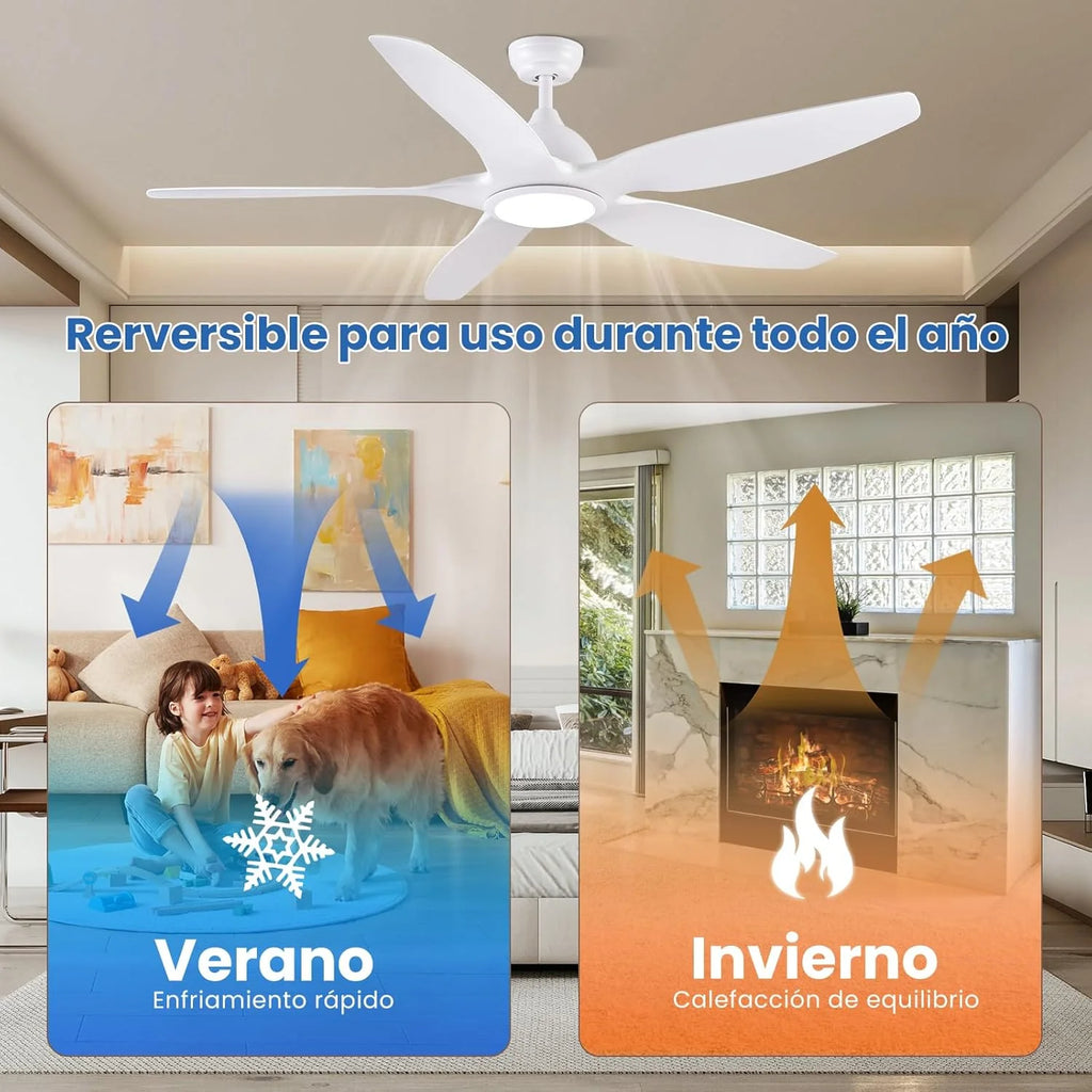 Newday 153cm Grande Ventilador de Techo Blanco con Luz y Mando a Distancia, LED Dimmer, Motor DC reversible para uso en verano e invierno, 5 aspas Silencioso para Dormitorio Sala de estar del Balcón