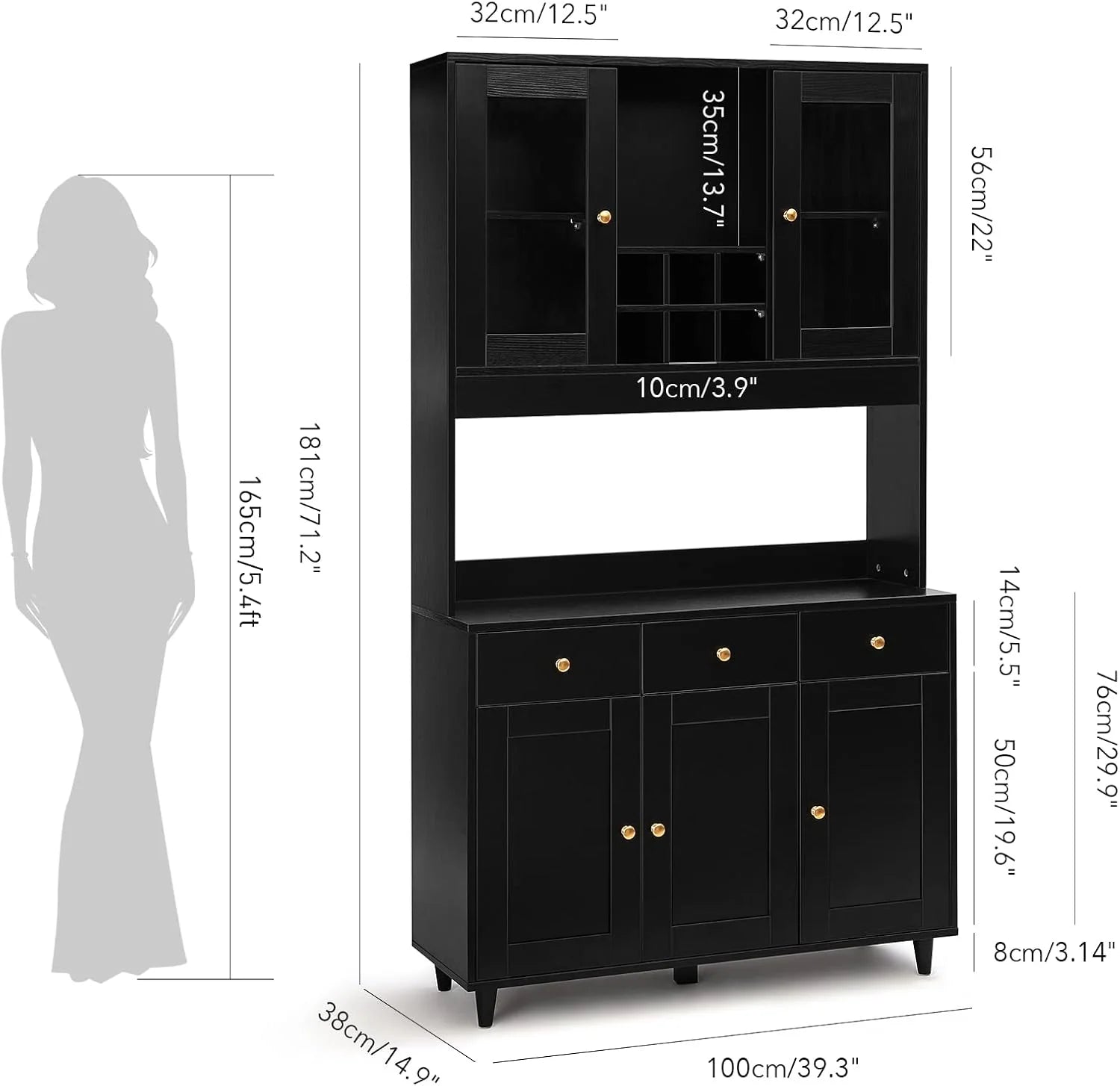 VOWNER Armario Aparador Cocina/Buffet, 100L x 38W x 181H cm, Mueble Auxiliar de Almacenaje, 5 Puertas y 5 Baldas Ajustables, Blanco