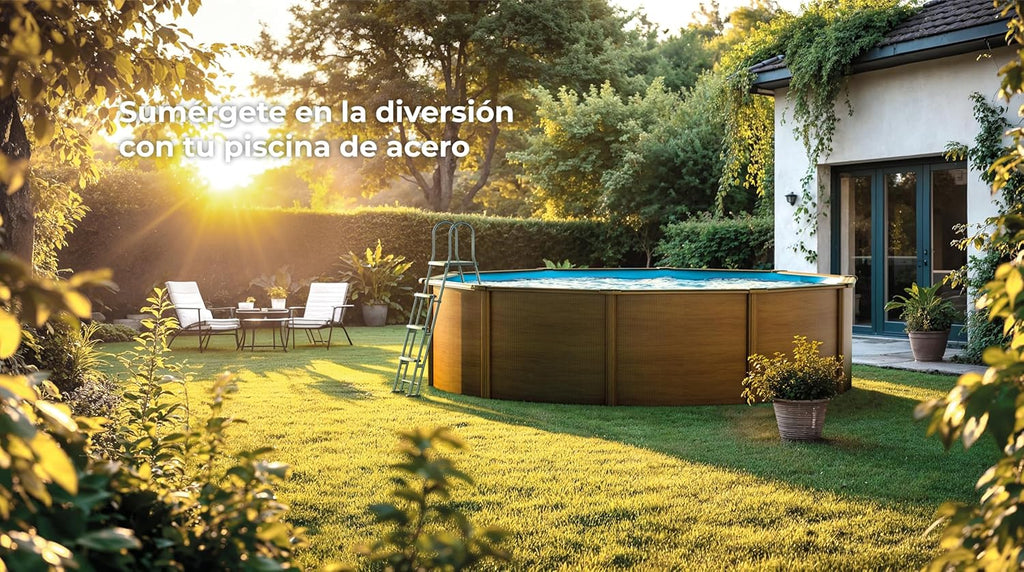Gre KITPR353W Stahlwandpool, rund mit Holzoptik, Aufstellbecken für den Garten, 350 x 120 cm, Sicilia