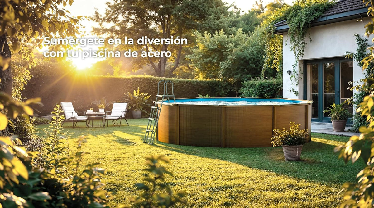 Gre KITPR353W Stahlwandpool, rund mit Holzoptik, Aufstellbecken für den Garten, 350 x 120 cm, Sicilia