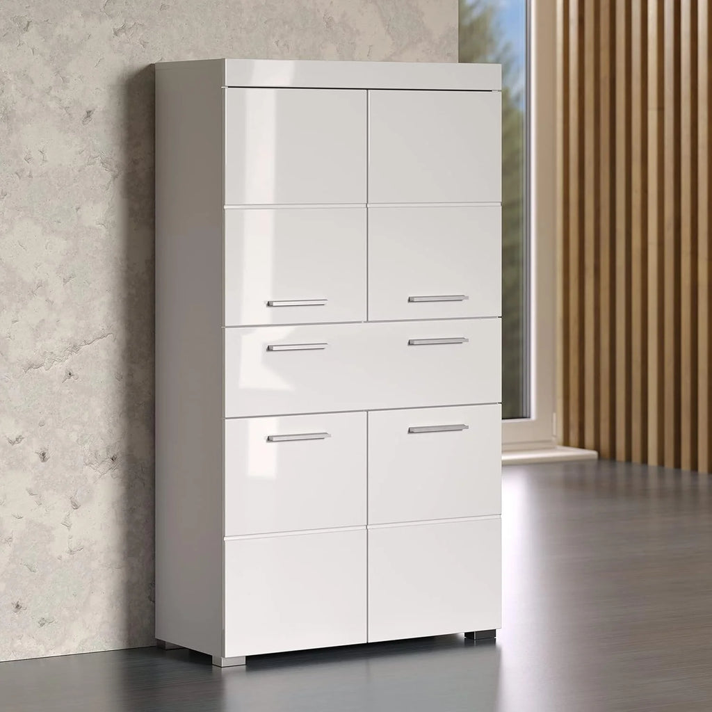 trendteam smart living Hochschrank Bad Amanda, 73 x 132 x 31 cm, in Weiß und Hochglanz Weiß mit Schublade und viel Stauraum