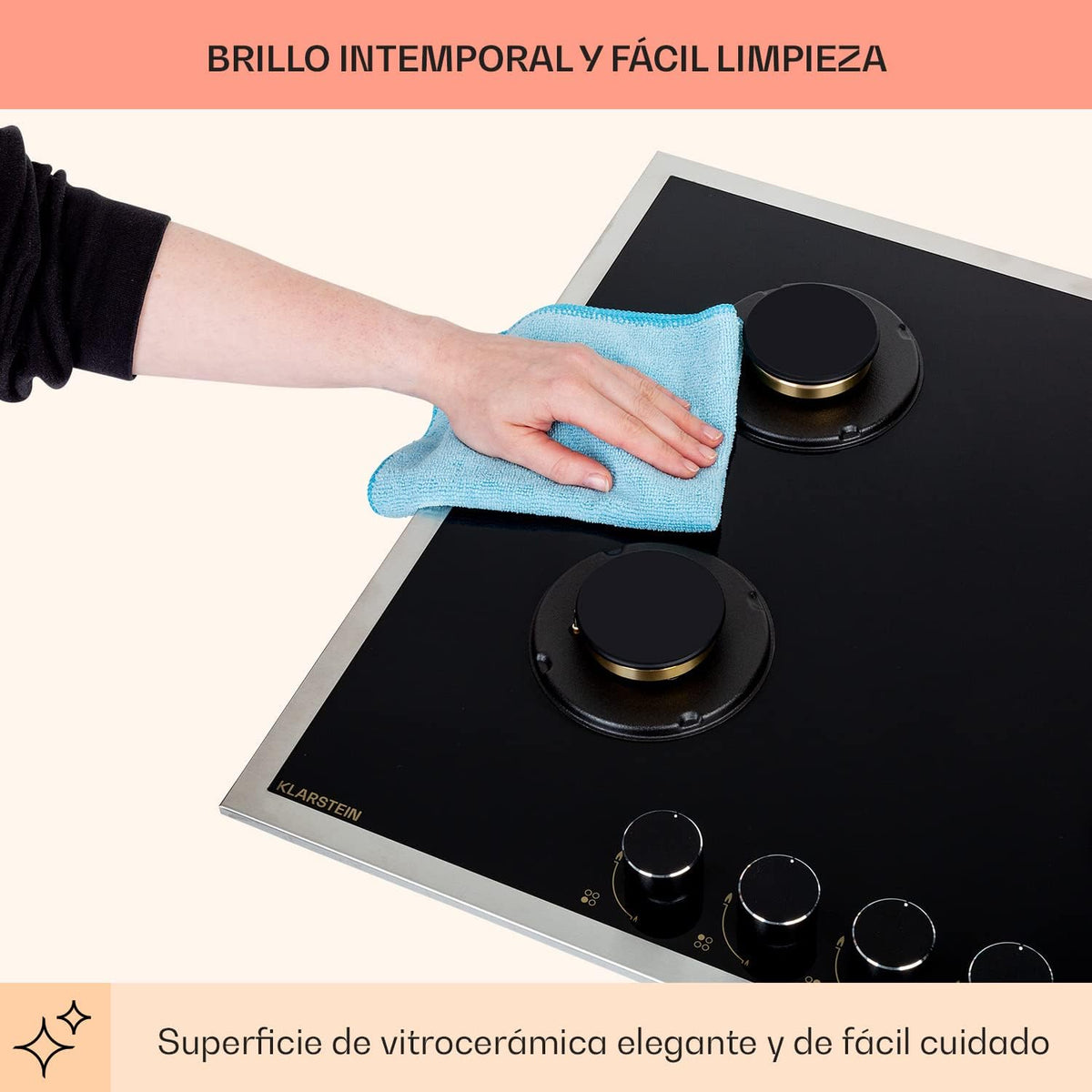 Klarstein Cocina de Gas Butano, Placa de Gas 4 Fuegos 8000W, Placa Vitroceramica Gas Integrada para Cocina, Placa Gas Butano de Diseño, Encimera Gas de Fogones con Base de vidrio y Acero Inoxidable