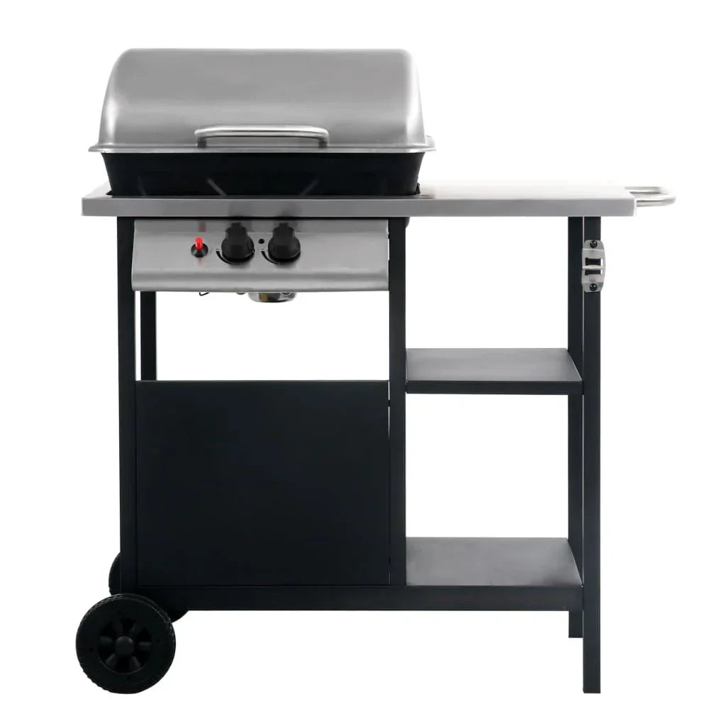 Vidaxl Tragbarer Gasgrill mit Beistelltisch, 3 Ablagen, Schwarz und Silber