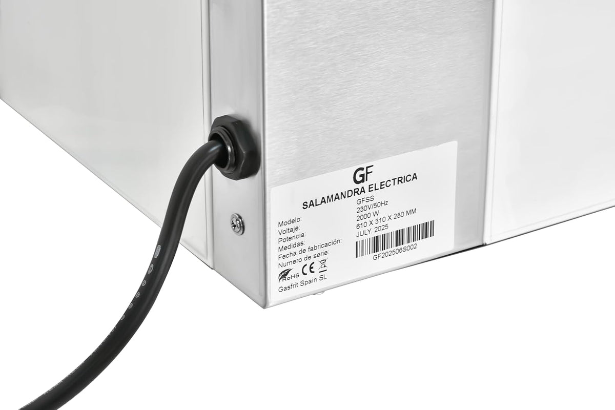 Salamandra Profesional Eléctrica 2000 W – Acero Inoxidable 18/10 – Temporizador 30 min – 50-300 °C – Uso Industrial Hostelería