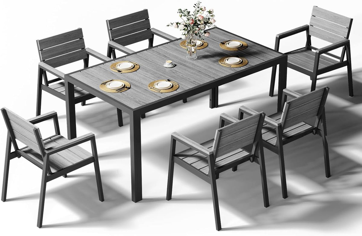 Devoko HDPS Conjunto de jardín de exterior de 7 piezas, resistente a la intemperie,con mesa de 150 cm y 6 sillas de jardín de exterior de aluminio,acabado imitación madera y fácil mantenimiento (gris)