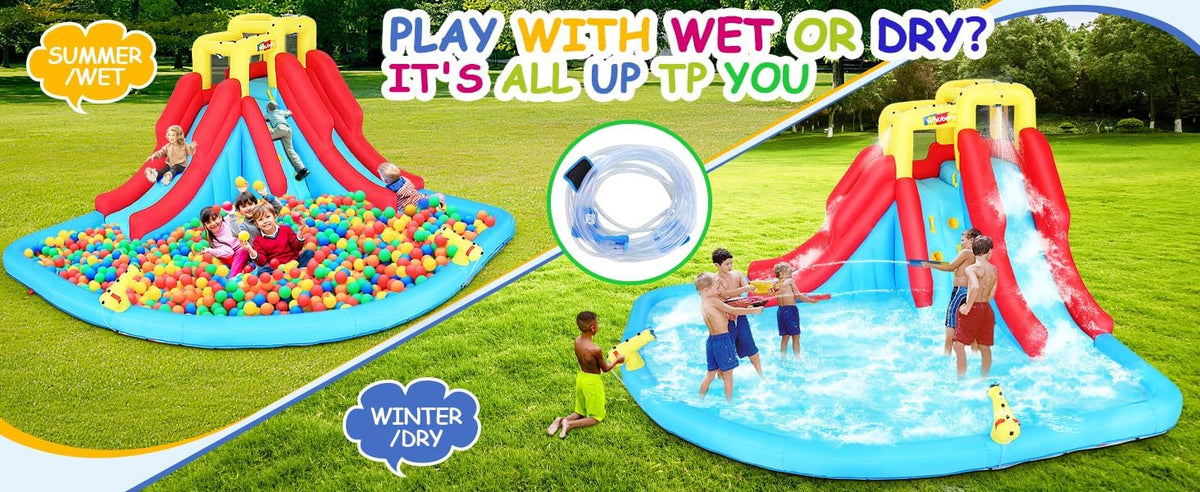 Tobogán acuático inflable 8-en-1 para niños: castillo inflable parque acuático con soplador de 450W, muro de escalada, piscina, 2 pistolas de agua, canasta de baloncesto, tobogán, rociador de cocodrilo – perfecto como regalo y para fiestas en el jard
