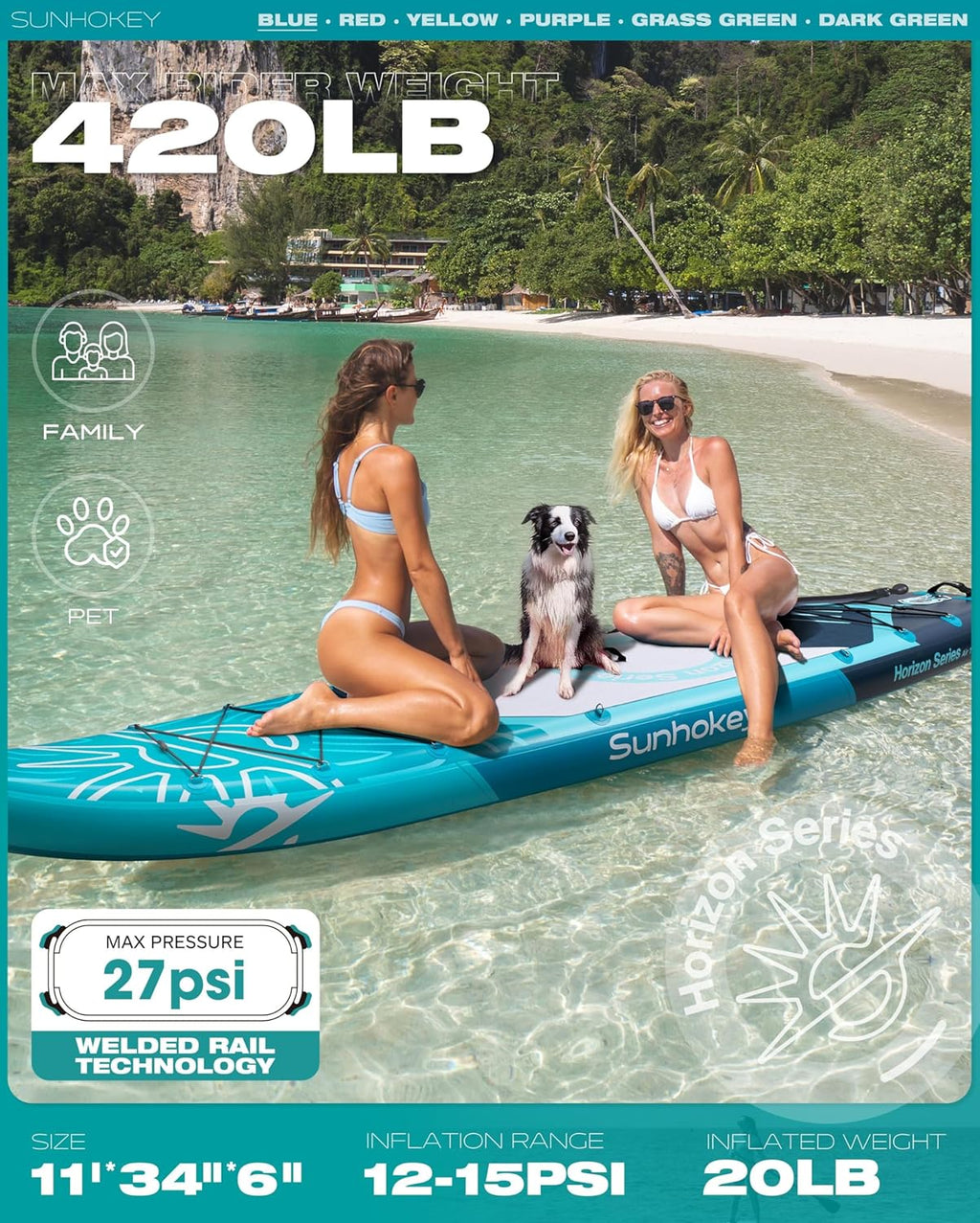 Aufblasbares SUP Board 335cm mit Premium Zubehör Inklusive, Verstellbarem Paddel, Handpumpe, Tragetasche. 335 x 86 x 15 cm, Tragfähigkeit bis zu 181kg
