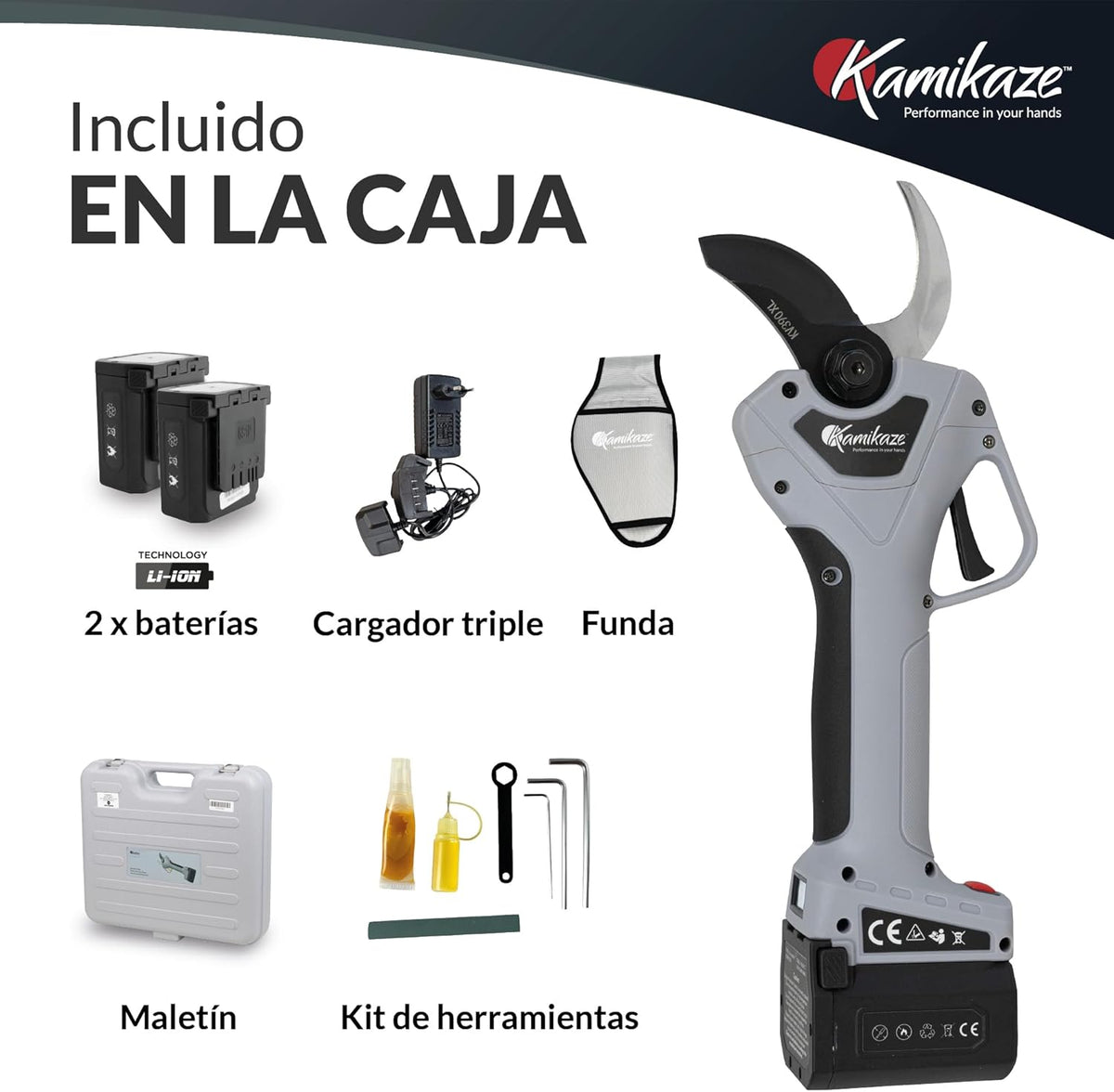 KAMIKAZE KV390 Professionelle elektrische Astschere mit 21,6V Lithium-Akku, Ø35mm Schnitt, 2 Akkus und Dreifachladegerät, Smart Display, Wartungskit und Transportkoffer