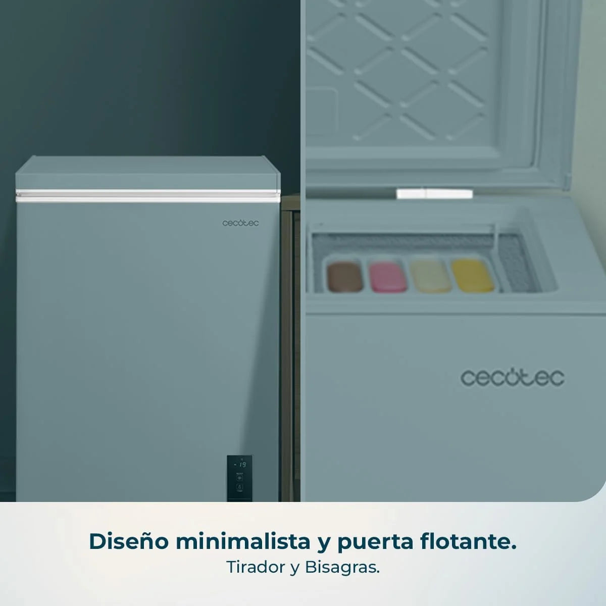 Cecotec Congelador Horizontal 143L Bolero CoolMarket Chest 143P White E. Cesta con Asas, Control Electrónico LED, UltraContact D-Cool, Dual Function, Puerta ZeroG (80º-30º), Fast Freezing, Compacto