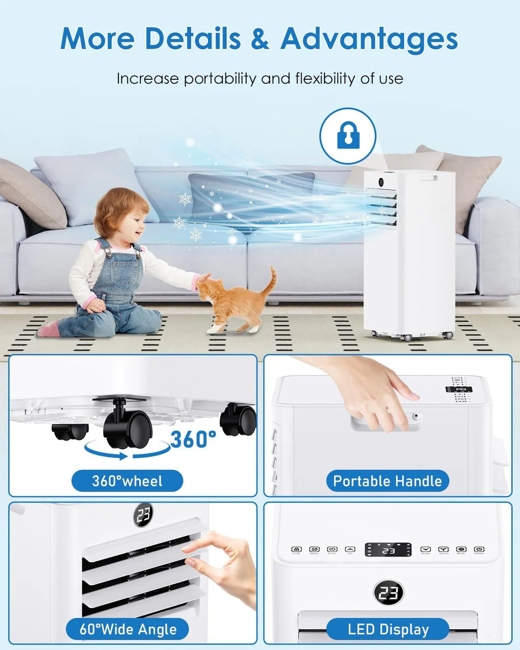 Aire Acondicionado Portatil 7000 BTU, Enfriamiento/Ventilador/Deshumidificación/Modo Sueño 4 en 1, Táctil/Mando a Distancia, Temporizador 24h, Ruedas 360°, Incluye Manguera de Escape & Kit de Ventana