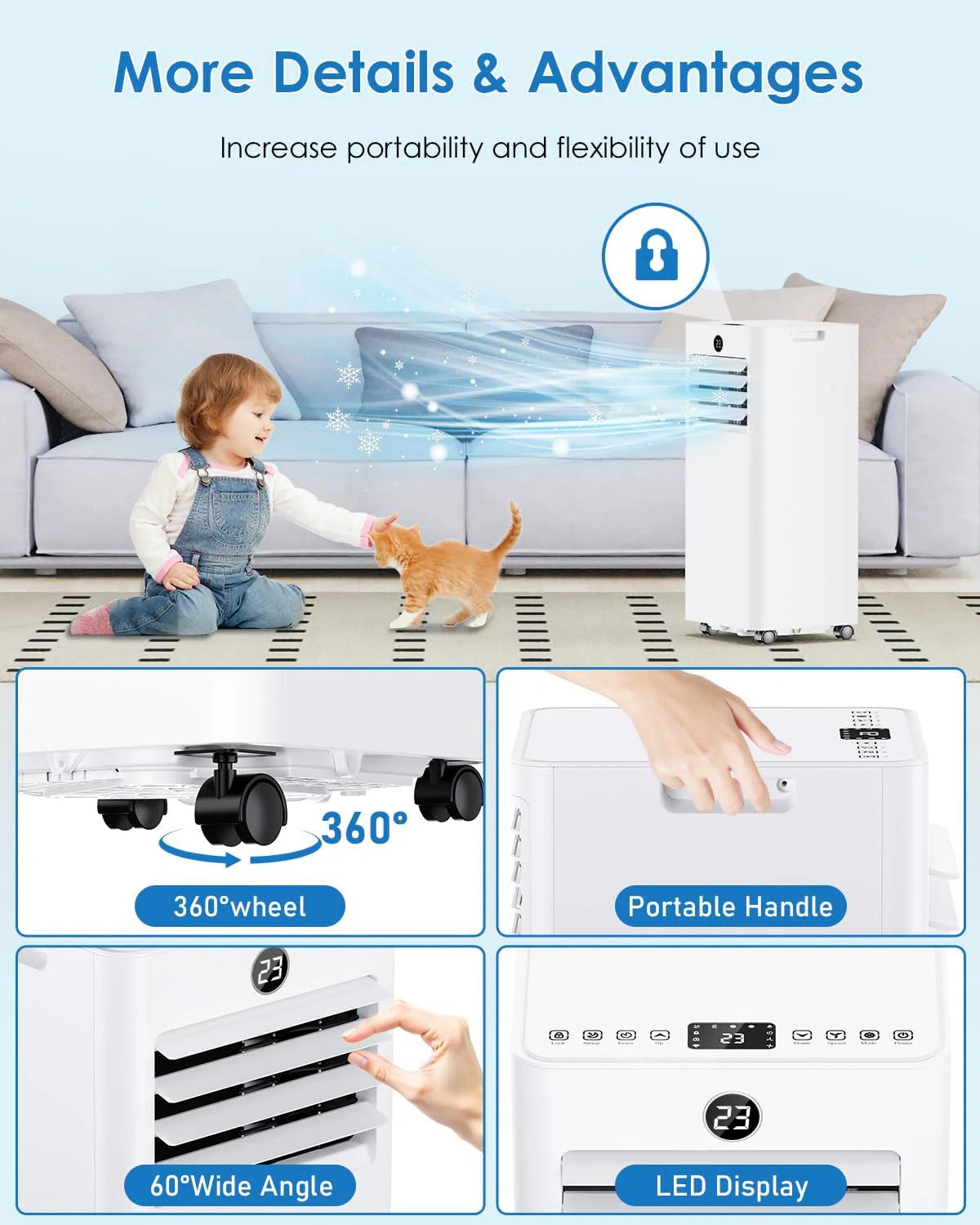 Aire Acondicionado Portatil 7000 BTU, Enfriamiento/Ventilador/Deshumidificación/Modo Sueño 4 en 1, Táctil/Mando a Distancia, Temporizador 24h, Ruedas 360°, Incluye Manguera de Escape & Kit de Ventana