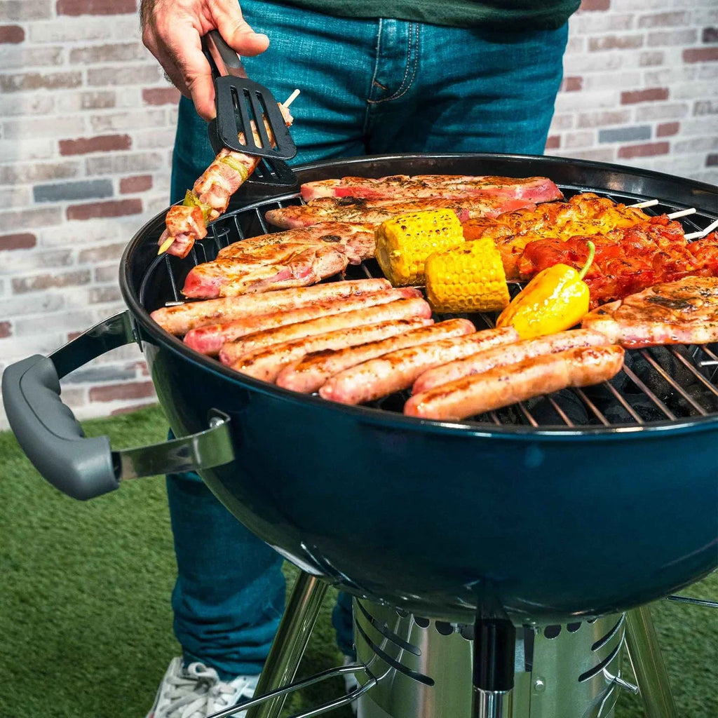Kekai Yellowstone Tragbarer Holzkohlegrill mit Rädern, 58x47x100 cm, rund, mit Deckel und blau emailliertem Anzünder
