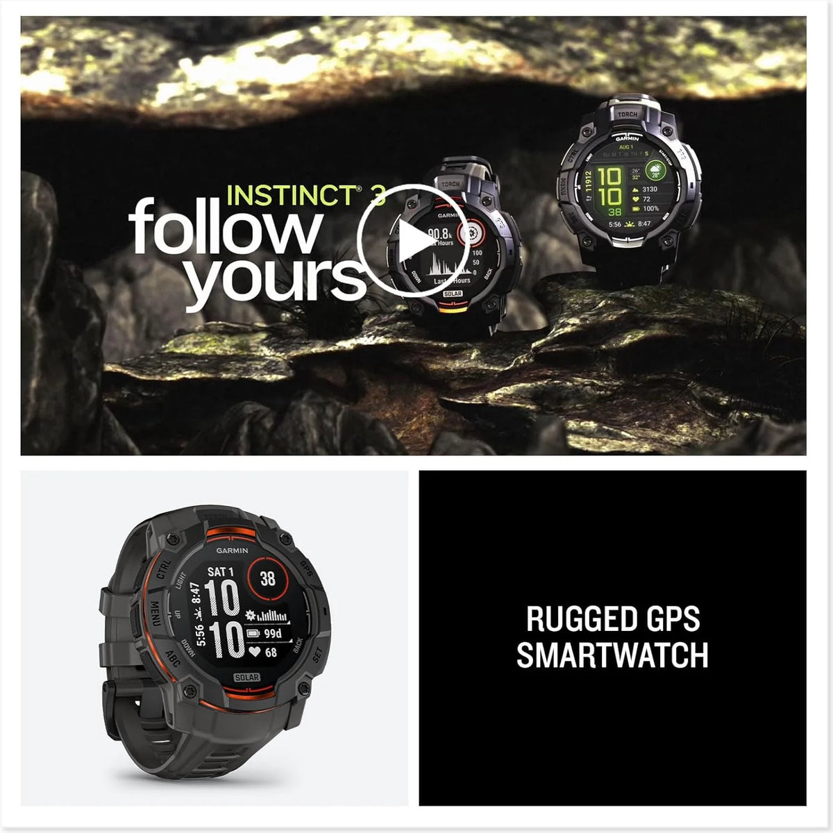 Garmin Instinct 3 GPS 50mm Smartwatch, Solar, Black Bezel