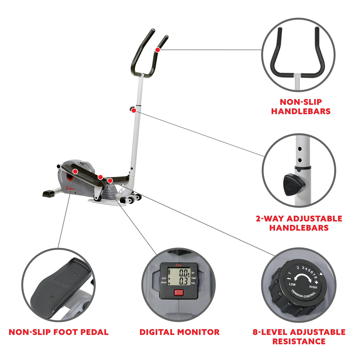 Sunny Health & Fitness Elíptica magnética compacta con manillar – stepper portátil para entrenamiento en casa, modelo SF-E3988.