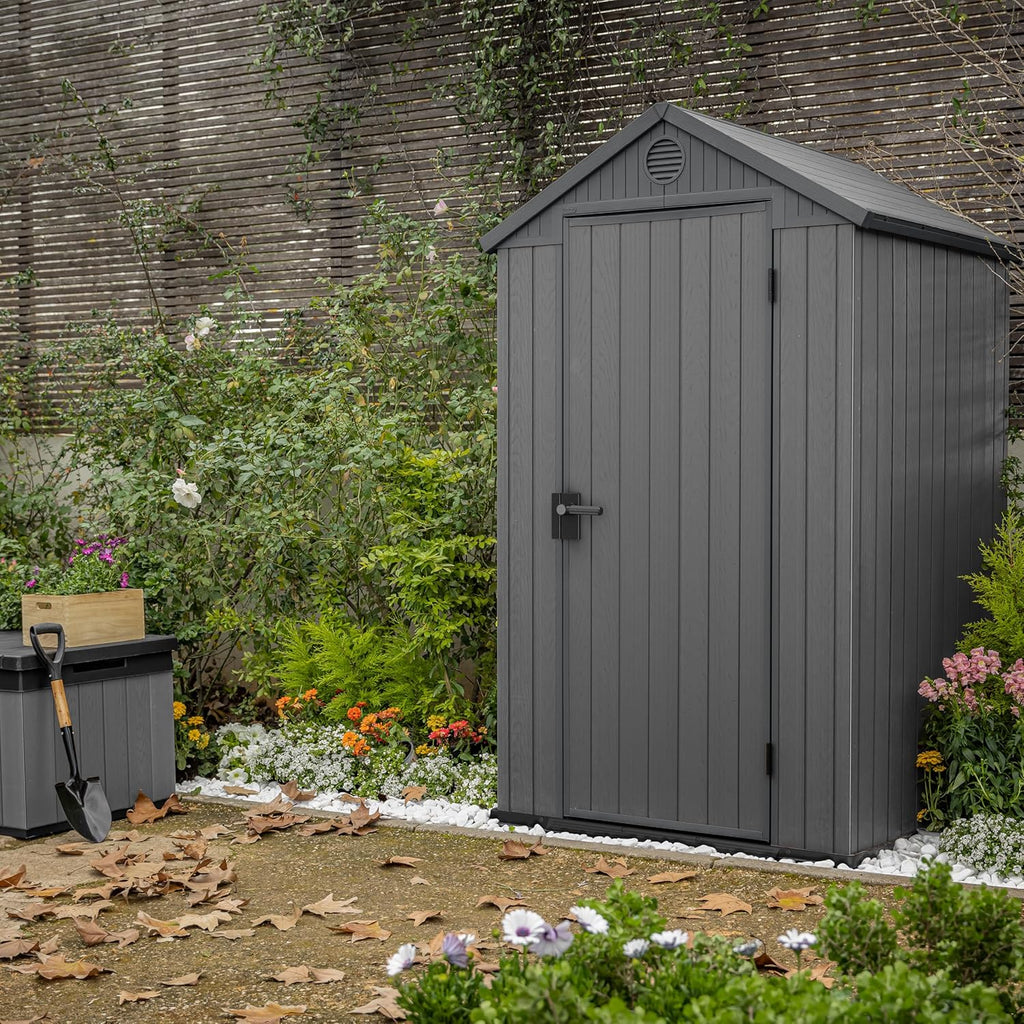 KETER Darwin 4x4 Gartenhaus, 125.8 x 117 x 205 cm und 1.4 m², Bodenplatte, Lüftungssystem, Tür und Fenster, wasserdicht, Grau