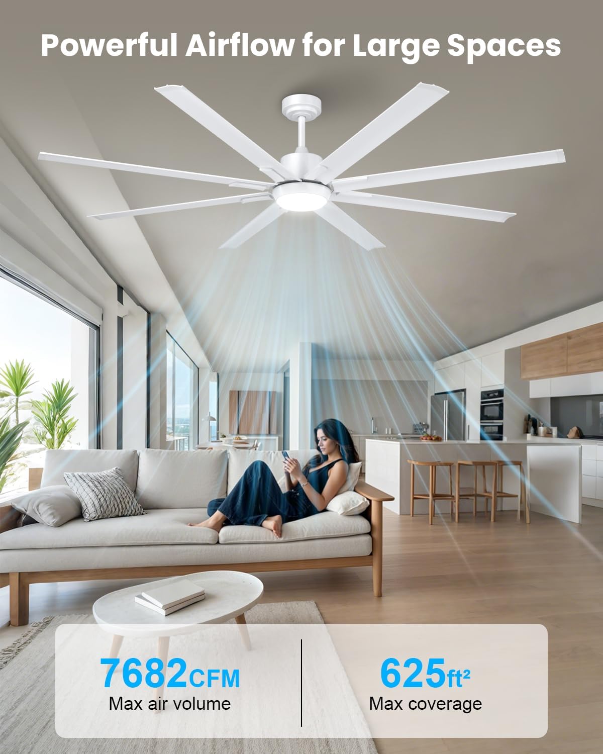 183 cm extragroßer Deckenventilator mit 8 Aluminiumflügeln, Licht und Fernbedienung, geräuscharme Deckenleuchte mit Ventilator und reversibler DC-Motor für Außenterrasse, großes Zimmer