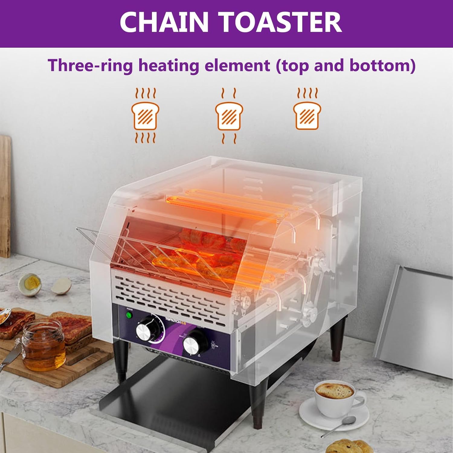 Kommerzieller Toaster, 150/300/450 Toastscheiben pro Stunde, mit Heizkettenförderung, robust, für kleine Theken
