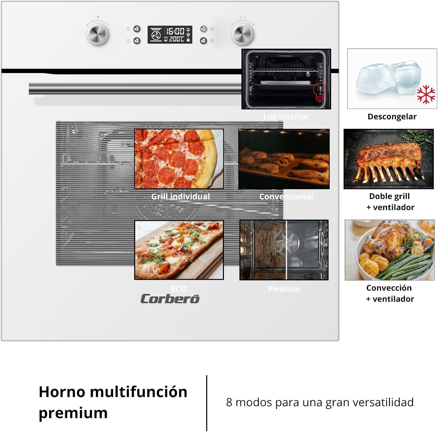 Corberó- Horno Pirolítico Multifunción 70L | CCHMP1033W |59.5cm(L)x59.5cm(A)x57.5cm(H) | 3200W | Display Digital | Mandos Escamoteables | Puerta Doble Cristal| Guías Extraíbles | 8 Programas, Blanco