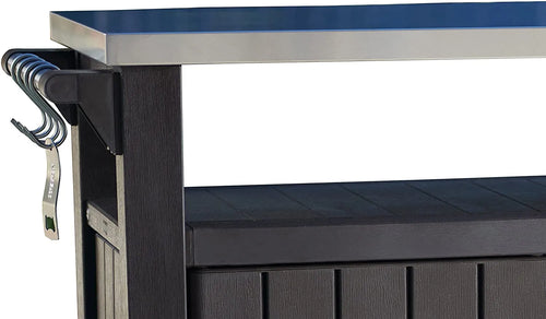2025 Carro móvil de patio Keter Unity XL – Mesa de cocina exterior resistente a la intemperie con superficie de trabajo de acero inoxidable, espacio de almacenamiento con cerradura y accesorios