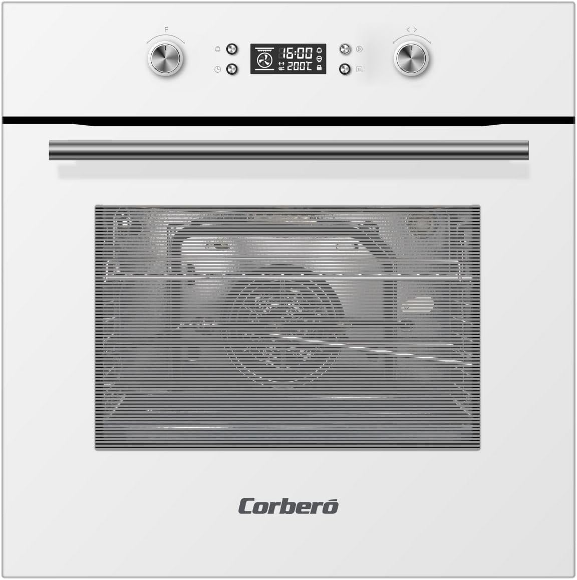 Corberó- Horno Pirolítico Multifunción 70L | CCHMP1033W |59.5cm(L)x59.5cm(A)x57.5cm(H) | 3200W | Display Digital | Mandos Escamoteables | Puerta Doble Cristal| Guías Extraíbles | 8 Programas, Blanco