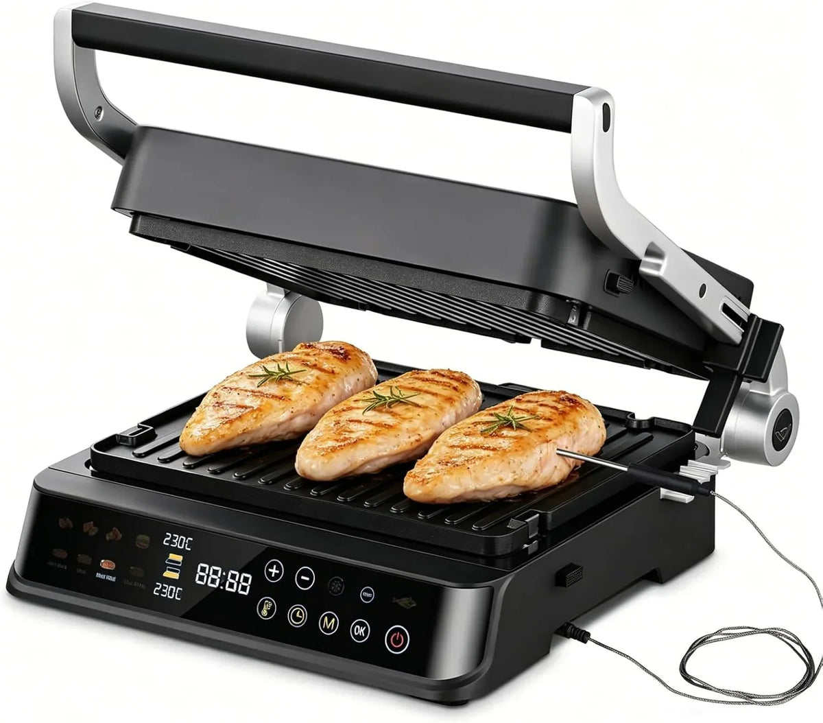 AMZCHEF Parrilla Eléctrica con 6 Programas, Función Sear hasta 280°C, Modo Manual, Sensor de Temperatura, Placas Desmontables y Bandeja para Gofres, Ideal para Carne, Pescado, Paninis y Gofres
