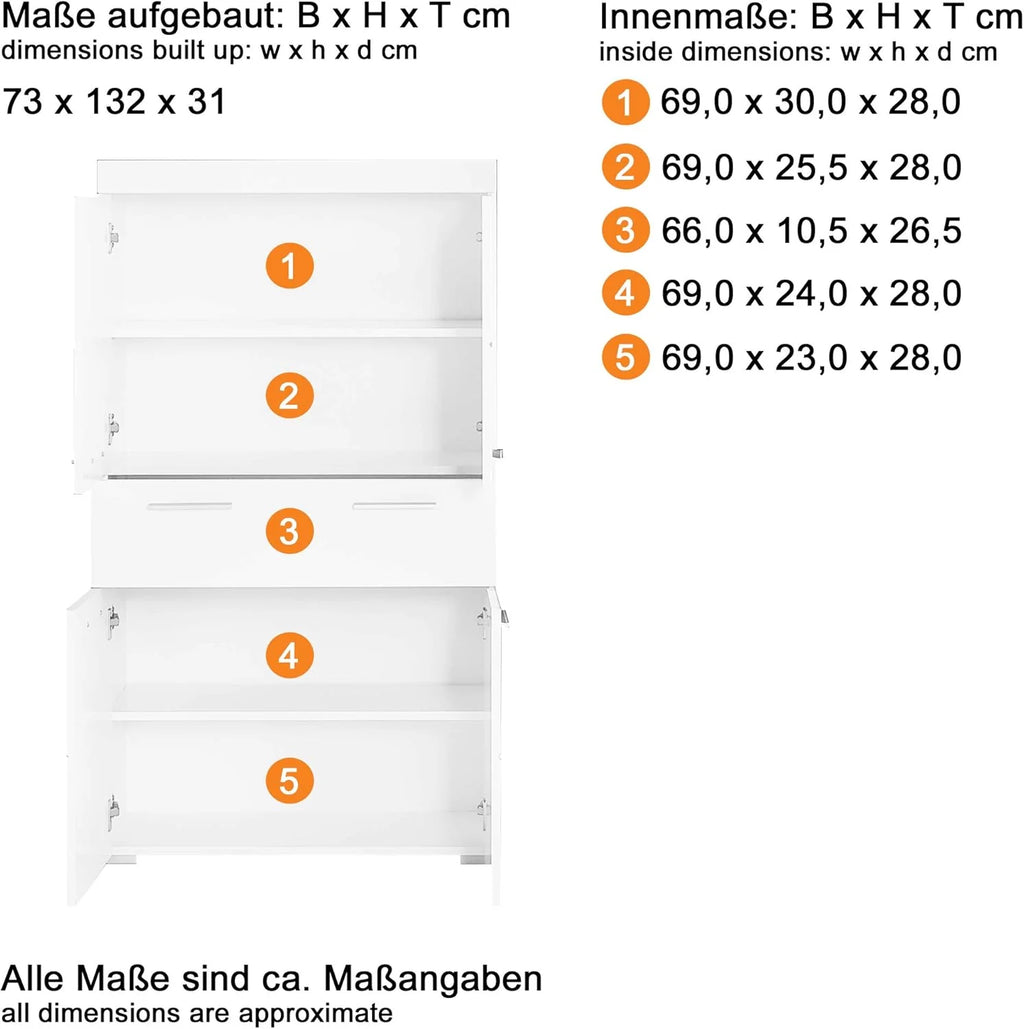trendteam smart living Hochschrank Bad Amanda, 73 x 132 x 31 cm, in Weiß und Hochglanz Weiß mit Schublade und viel Stauraum