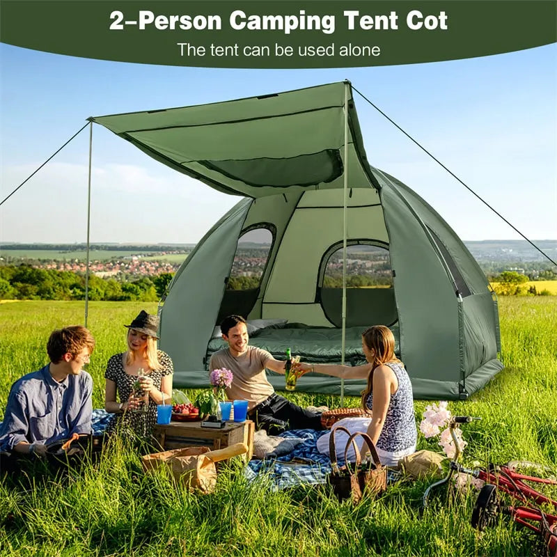Tienda de Campaña 5 en 1 para 2 Personas con Cama Plegable, Colchón Inflable, Saco de Dormir y Parasol UV