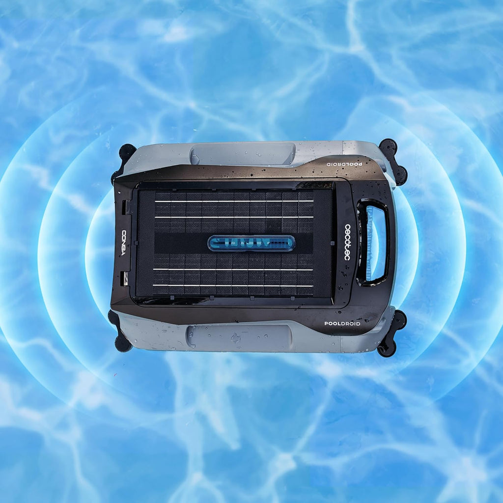 Cecotec Poolreinigungsroboter für Oberflächen- und Wasserlinienreinigung Conga Pooldroid AquaSkater. Solarladung, 16h Akkulaufzeit, 4,5L Korb und 187,5μm Filter, Ultraschall-Sensornavigation