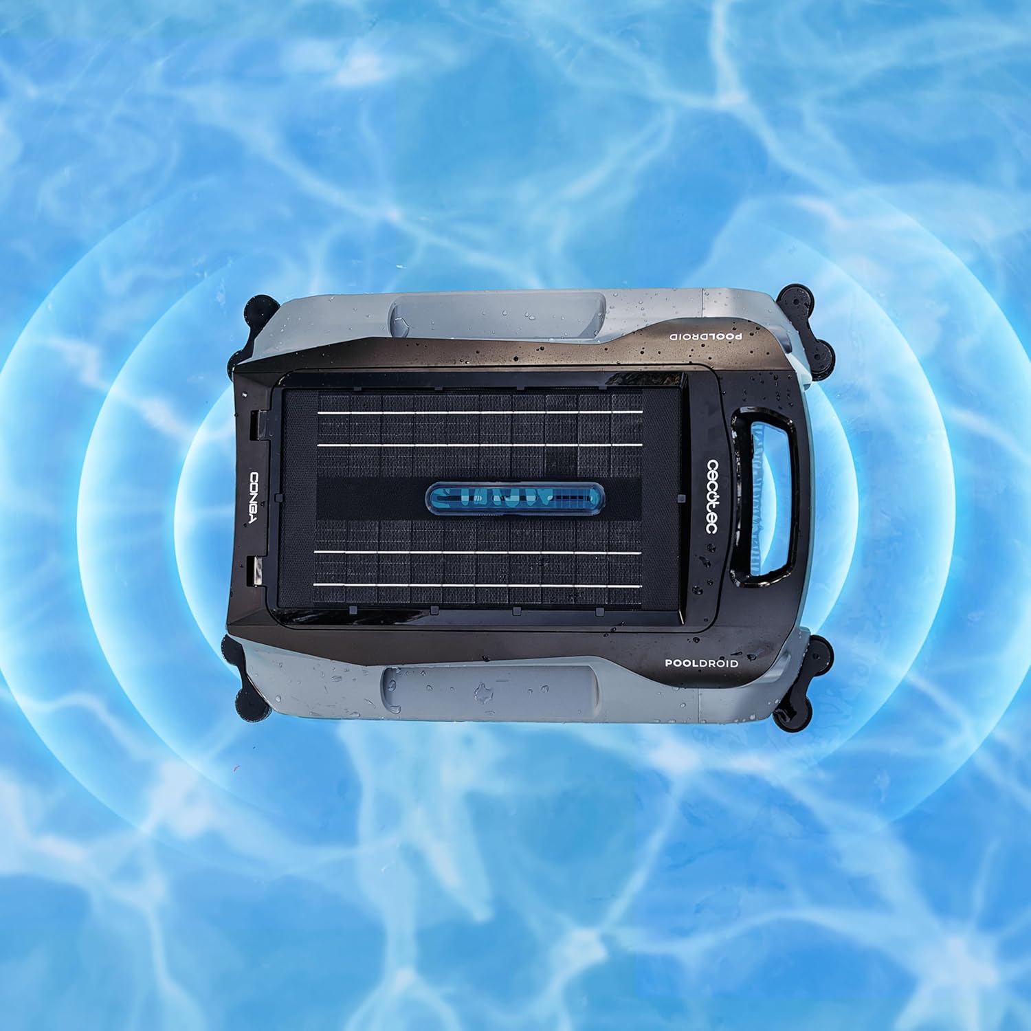 Cecotec Poolreinigungsroboter für Oberflächen- und Wasserlinienreinigung Conga Pooldroid AquaSkater. Solarladung, 16h Akkulaufzeit, 4,5L Korb und 187,5μm Filter, Ultraschall-Sensornavigation
