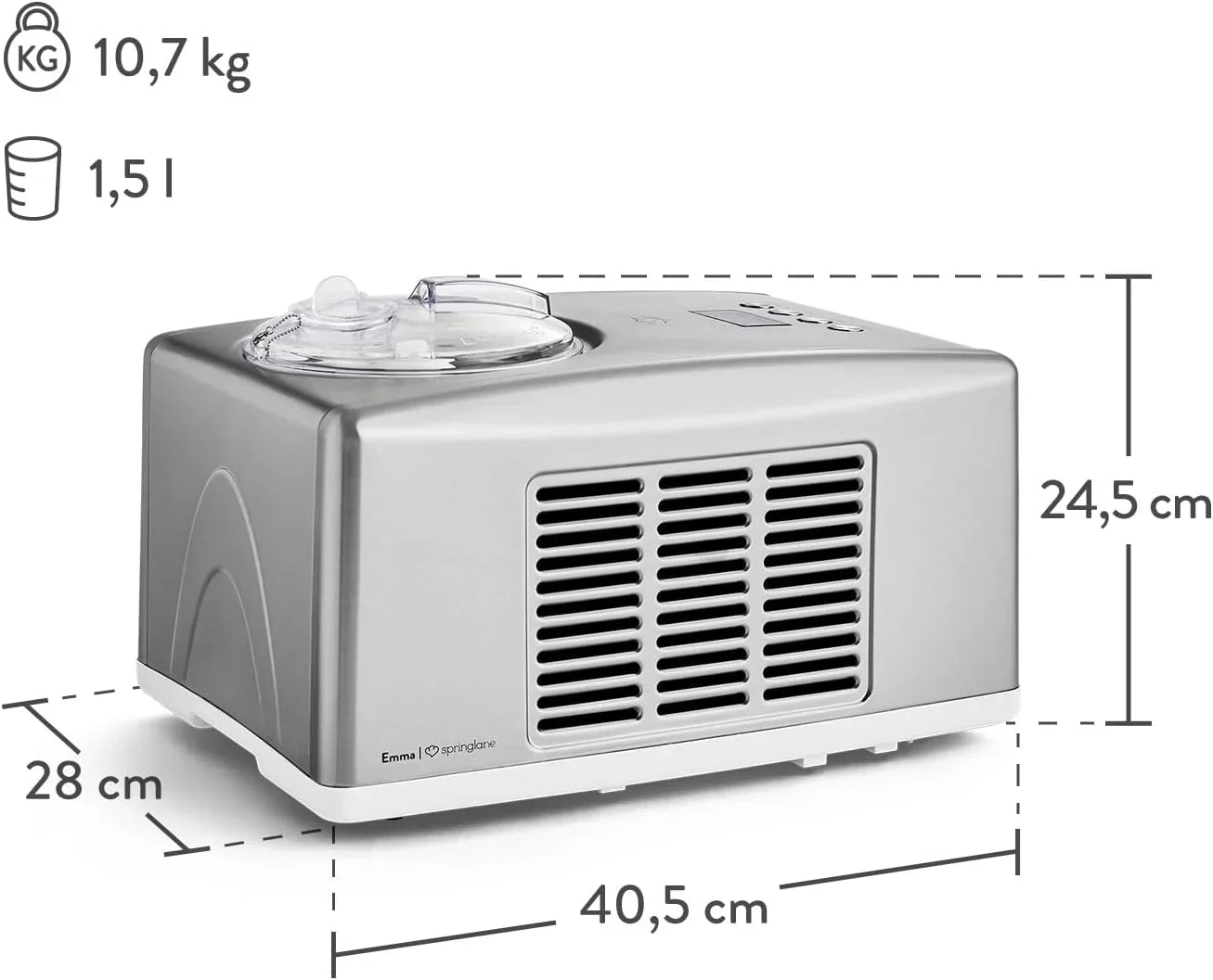 SPRINGLANE Homemade Ice Cream Maker EMMA, Ice Cream Maker, Fridge with Compressor 1.5L, Removable Container and LCD Display + Recipe Book
